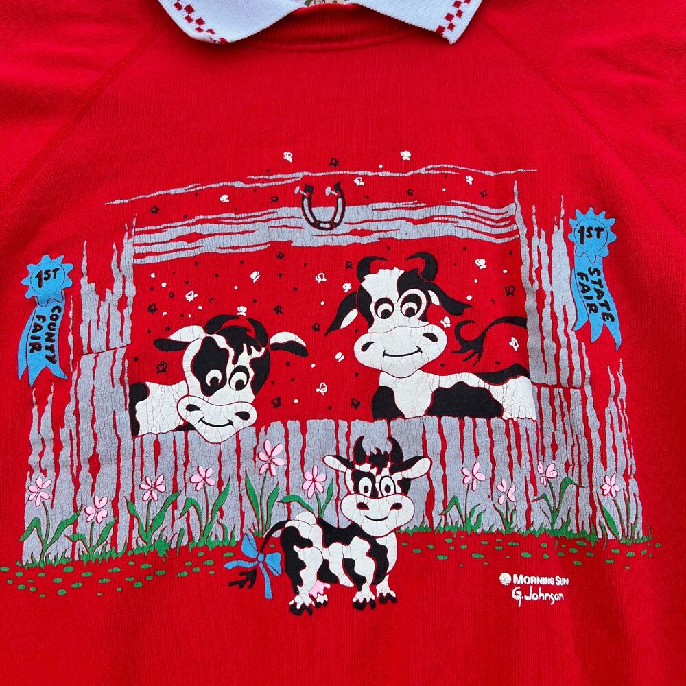 Vintage 90s Grandma Collared Sweater Sweatshirt Farm Cows Morning Sun - Size XL - Picture 5 of 7